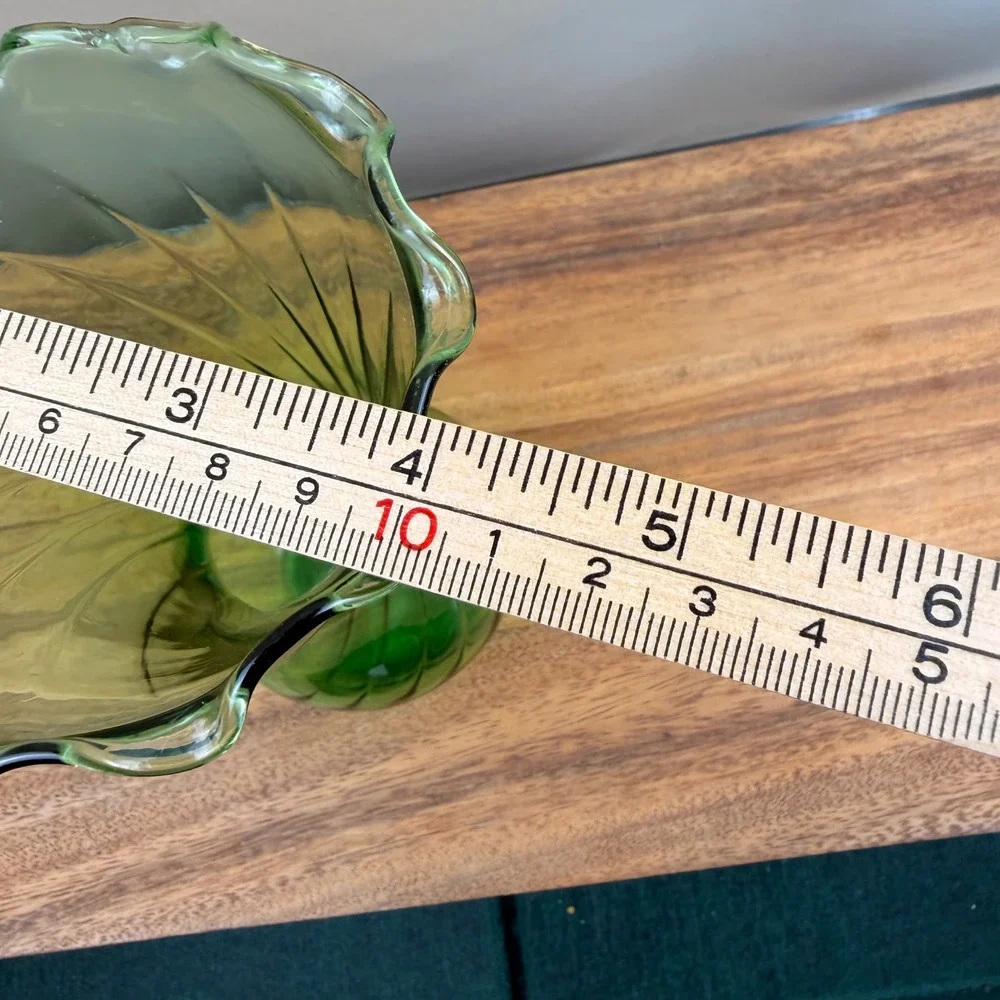 Vintage Green Spiral Optic Glass Vase Ruffled Rim Mid Century  7.5 Inch